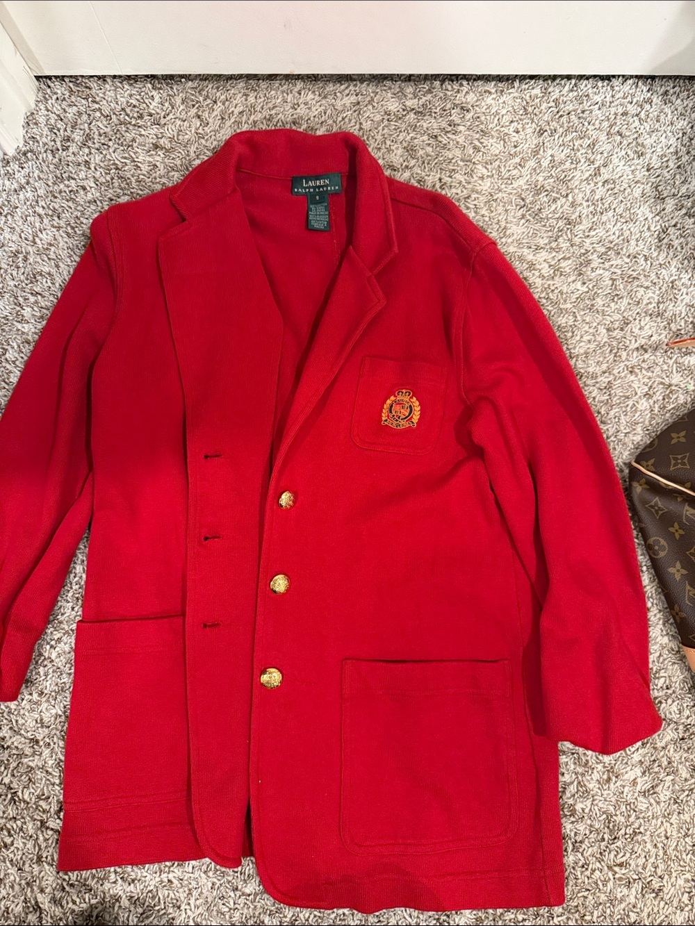 Lauren Ralph Lauren Red Knit Blazer with Gold Crest & Buttons